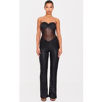 Black Sequin Bandeau Sheer Panel Jumpsuit