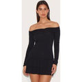 Black Ribbed Bardot Cross Over Bust Detail Shift Dress