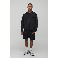 Oversized Check Ripstop Cargo Overshirt, Negro