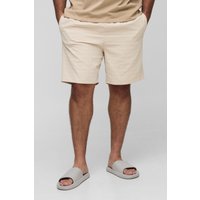 Plus Seersucker Check Long Length Swim Shorts, Beige