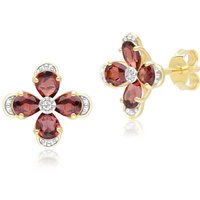 Floral Garnet & Diamond Stud Earrings in 9ct Yellow Gold