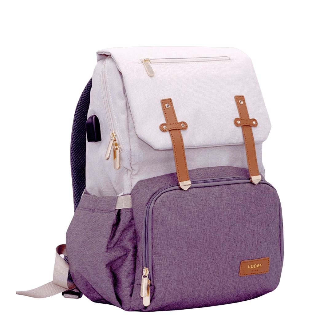 Milan - Light Comfort Everyday Travel Backpack (USB Charging + Bottle Warmer) - light beige & Grey