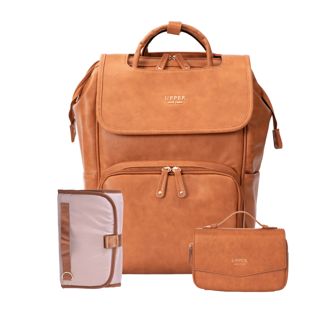 Leather Diaper Bag Backpack - La Madison™ II - Work & Play Commuter Backpack Gift Set (Limited Edition) - Golden Caramel- honeyed comfort