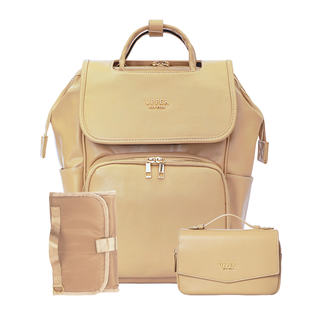 Leather Diaper Bag Backpack - La Madison™ II - Work & Play Commuter Backpack Gift Set (Limited Edition) - Sandy Beige- relaxing beachside