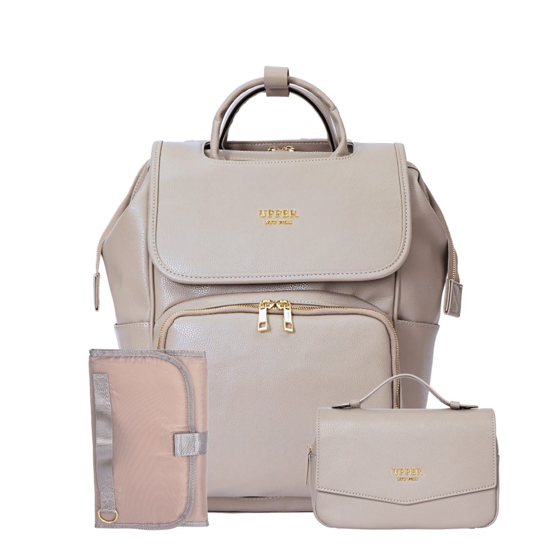 Leather Diaper Bag Backpack - La Madison™ II - Work & Play Commuter Backpack Gift Set (Limited Edition) - Silvery Grey--pebble shore
