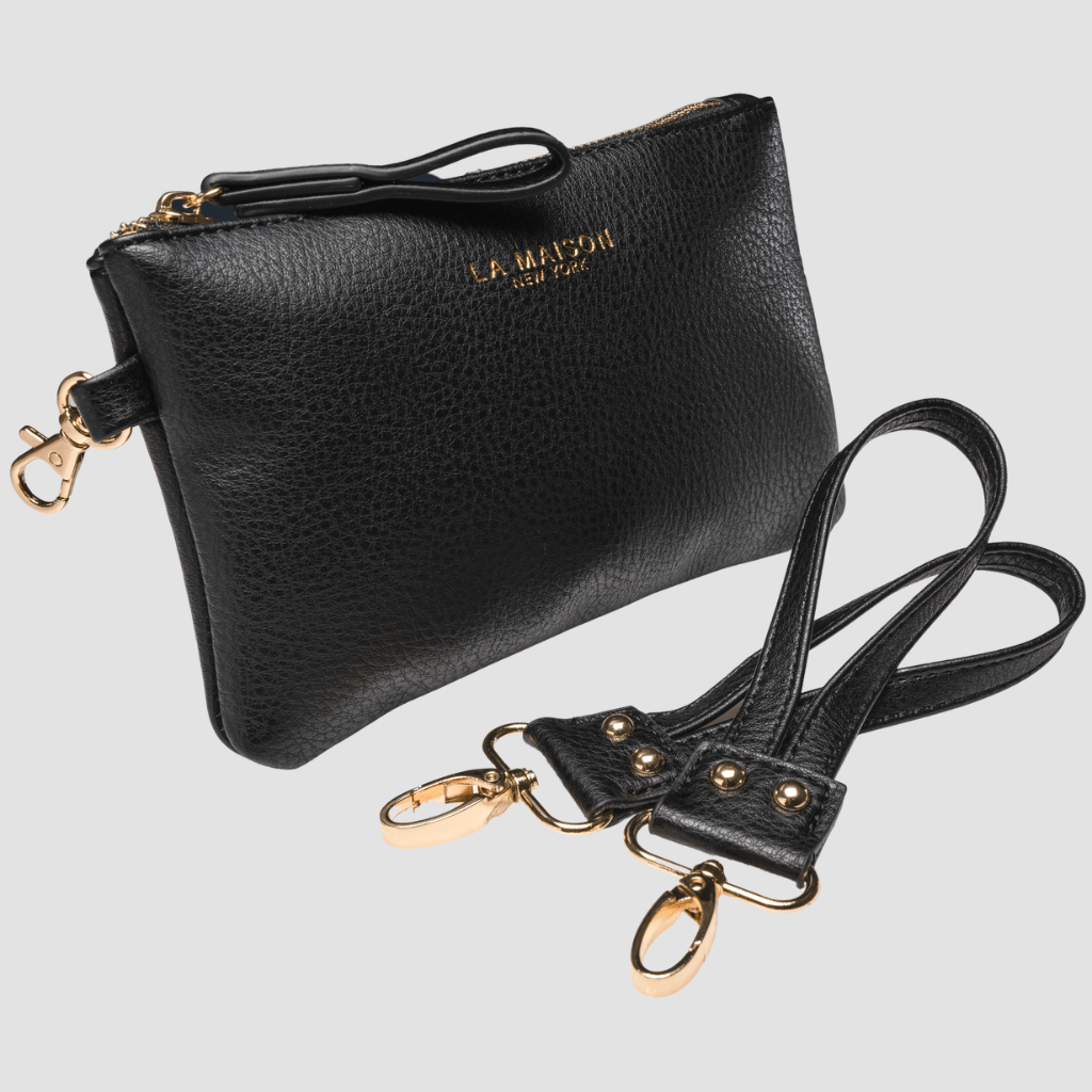 Leather Pouch & Stroller Straps Set - La Maison - Key Chain Stroller Straps + Clip-on Pouch - Black