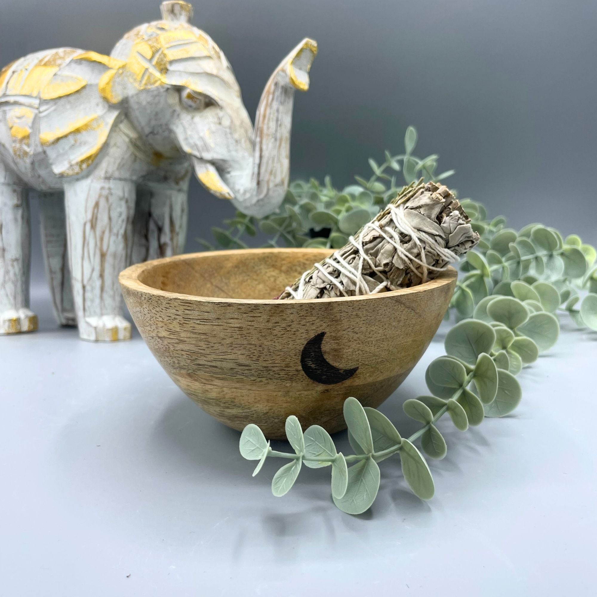 Wooden Smudge Bowl Three Moons Altar 13x7cm