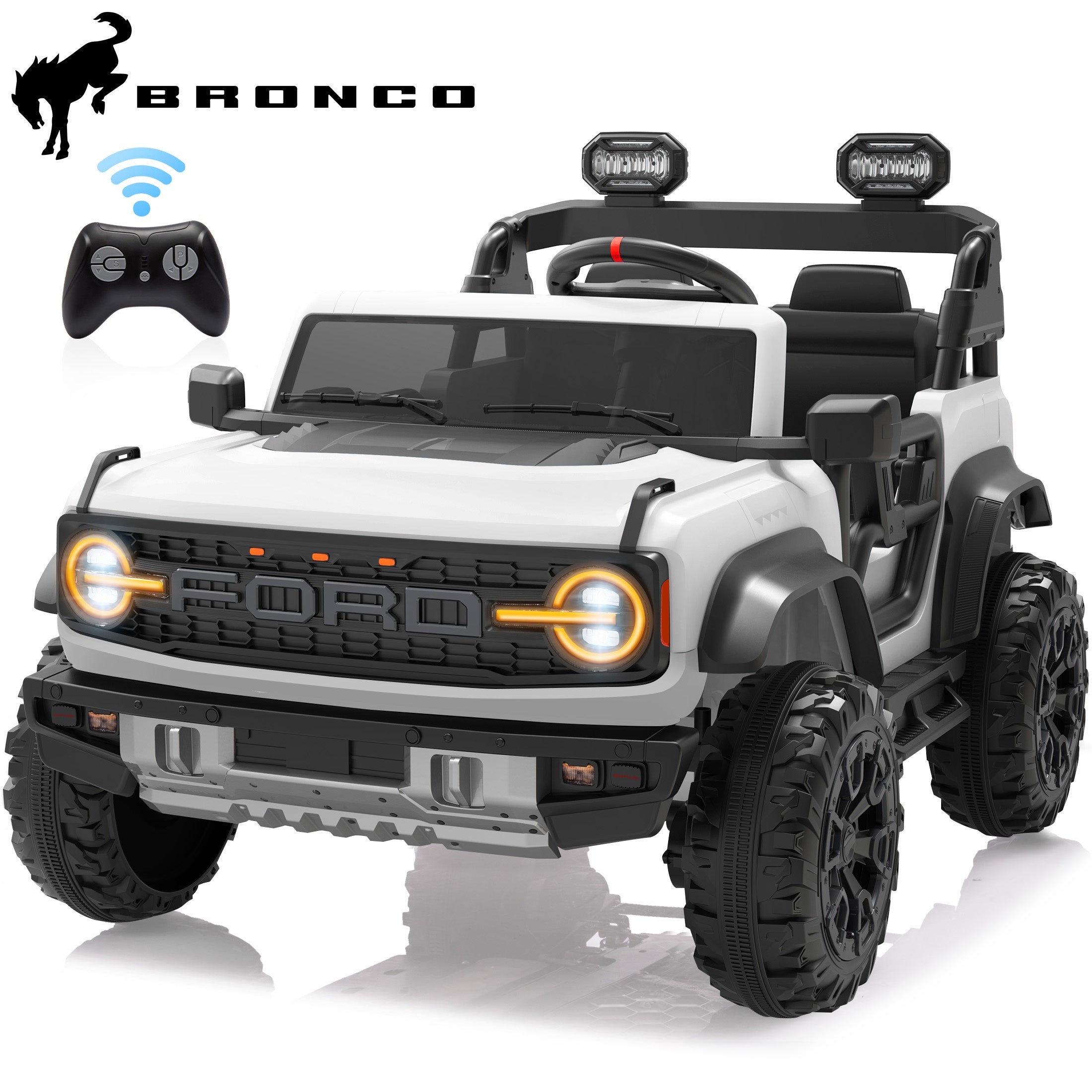 iYofe 24V 2 Seater Ford Bronco Raptor Powered Ride on Car with Remote Control, Bluetooth, Ages 3-8, White